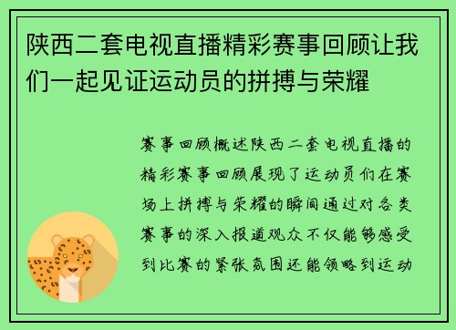 陕西二套电视直播精彩赛事回顾让我们一起见证运动员的拼搏与荣耀
